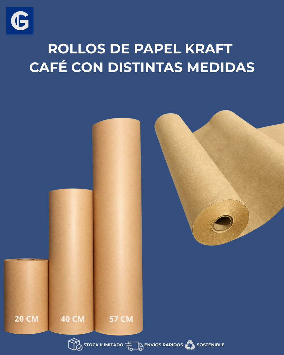 Rollos de papel kraft café en distintos anchos