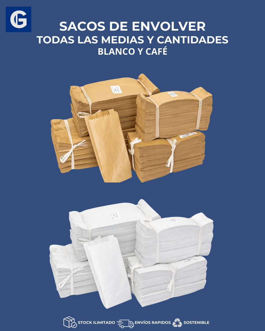 Saquitos de envolver blancos y café en distintos tamaños
